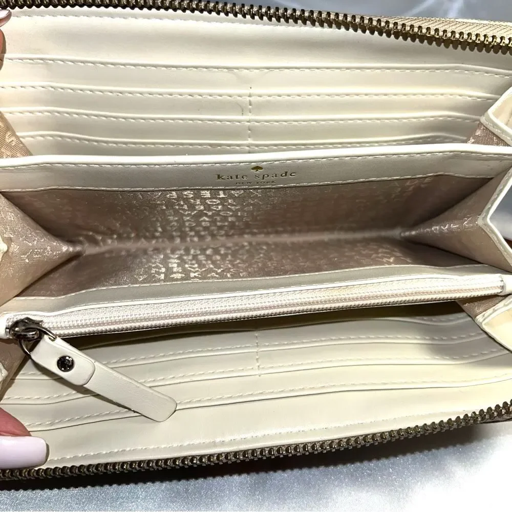 Kate Spade Neda Signature Beige and Pink Stripe Zip Around Wallet